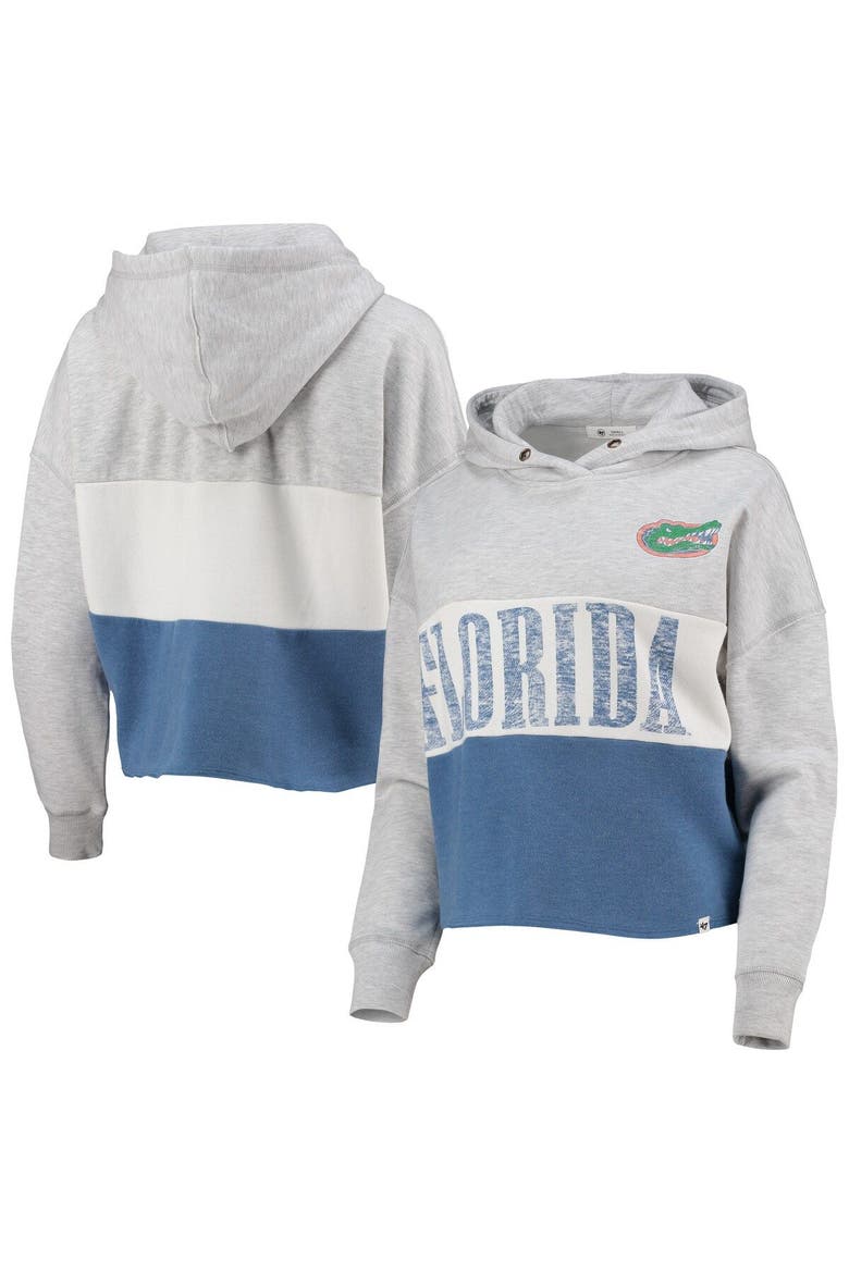 Women's '47 Heathered Gray/Heathered Royal Florida Gators Lizzy Colorblocked Cropped Pullover Hoodie, Main, color, Heather Gray