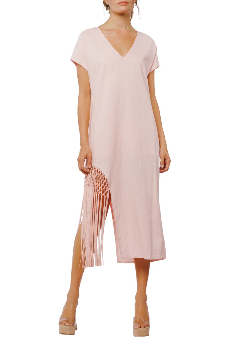 Mikella Macramé Fringe Hem Midi Dress, Main, color, LIGHT PINK