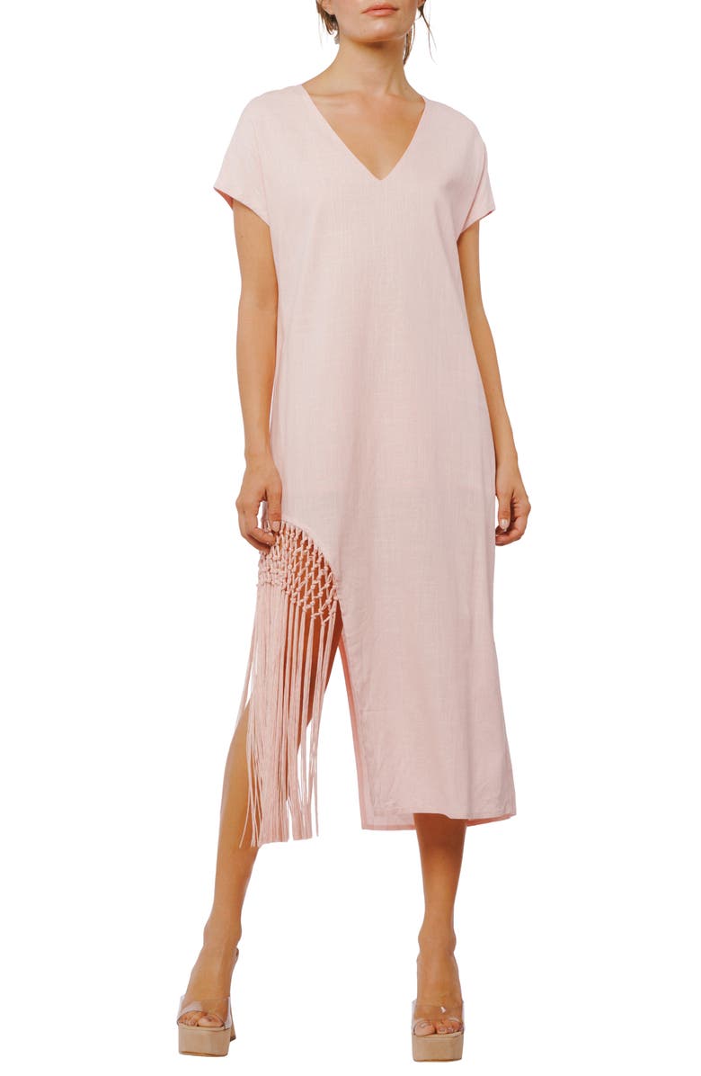 CIEBON Mikella Macramé Fringe Hem Midi Dress, Main, color, Light Pink
