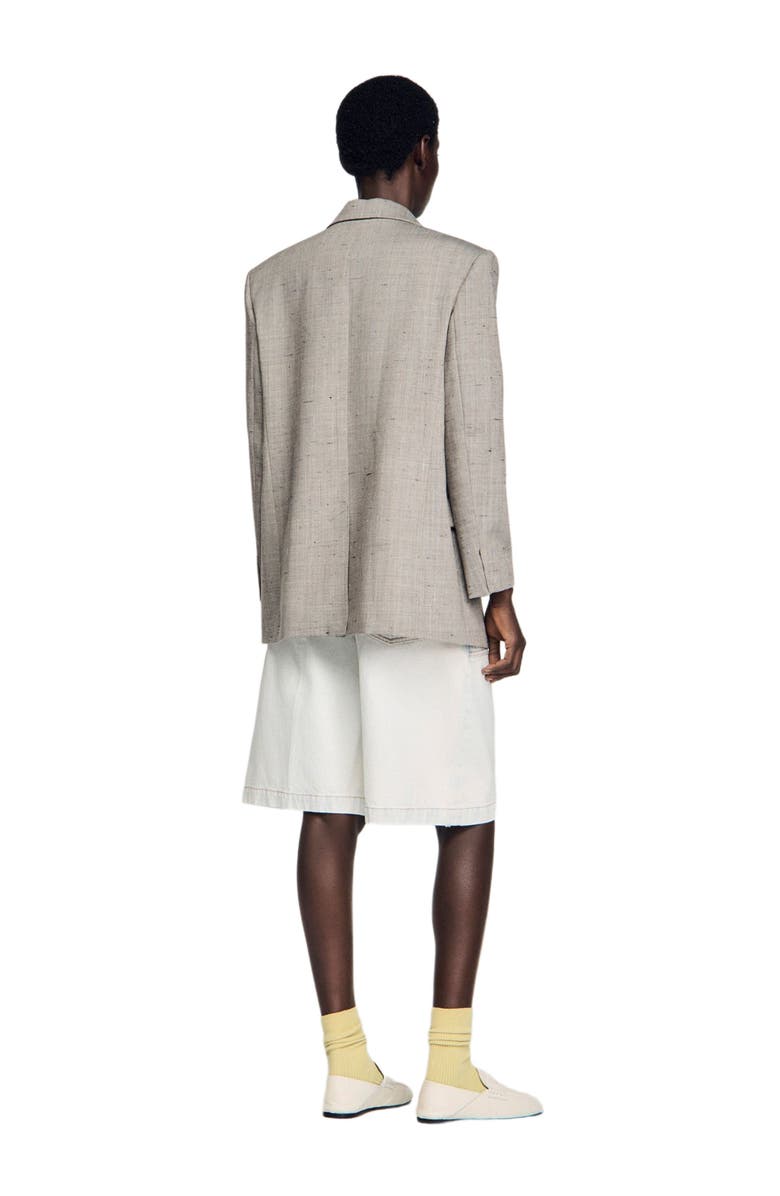 SANDRO Checked wool jacket with brooch, Alternate, color, Greige