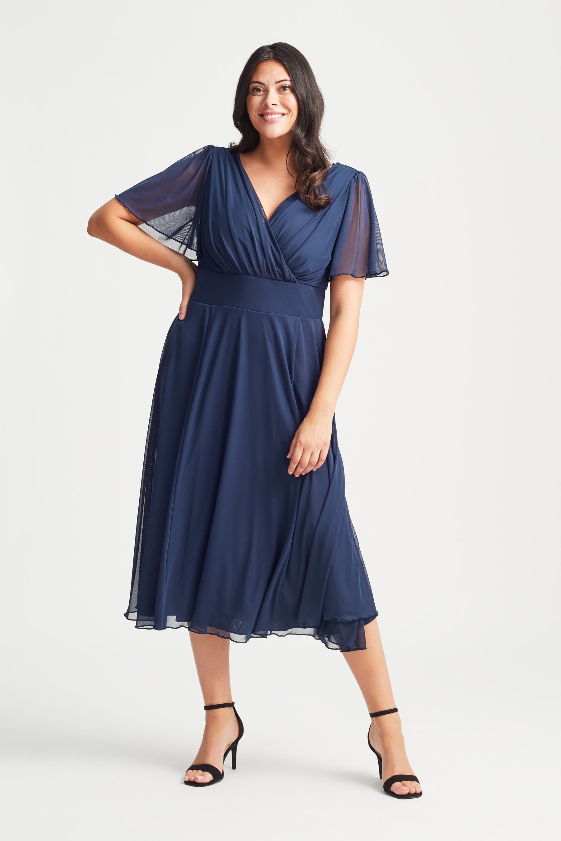 Victoria Solid Angel Sleeve Midi Dress