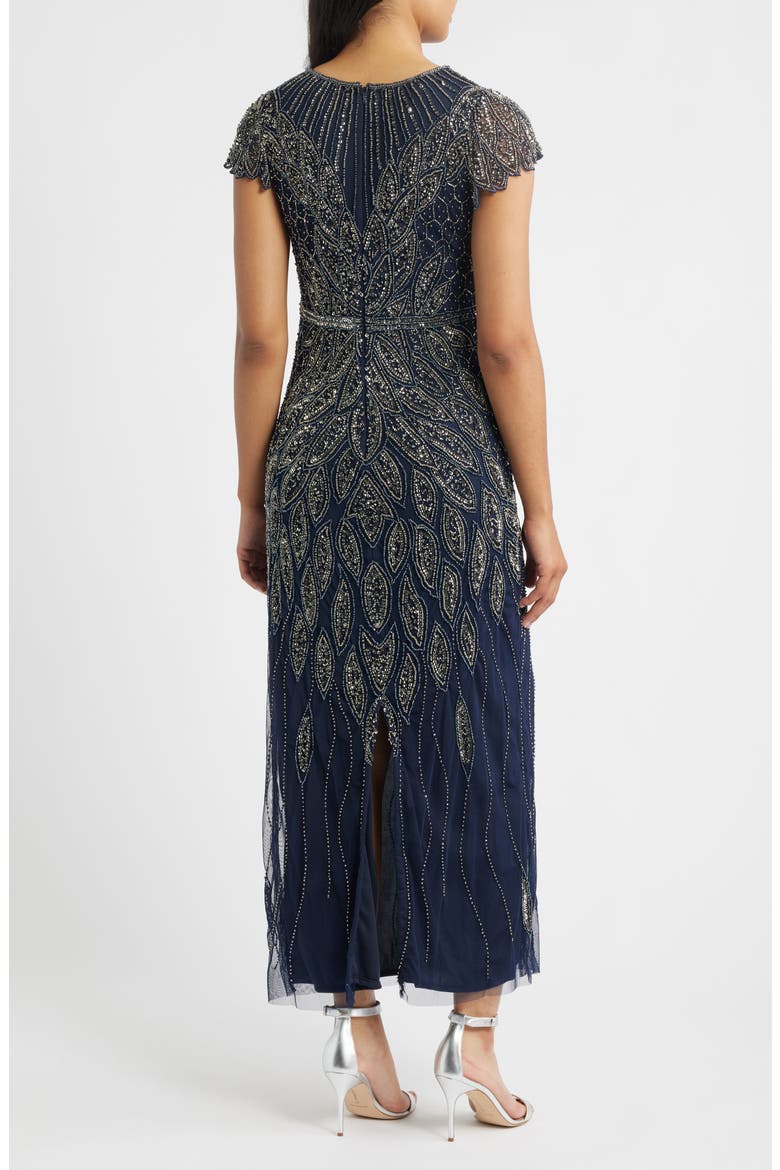 Beaded Cap Sleeve Column Gown, Alternate, color, NAVY