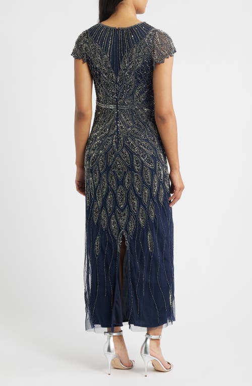 Pisarro Nights Beaded Cap Sleeve Column Gown In Blue