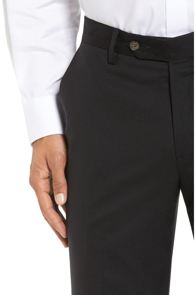 Flat Front Stretch Solid Wool Trousers, Alternate, color, BLACK