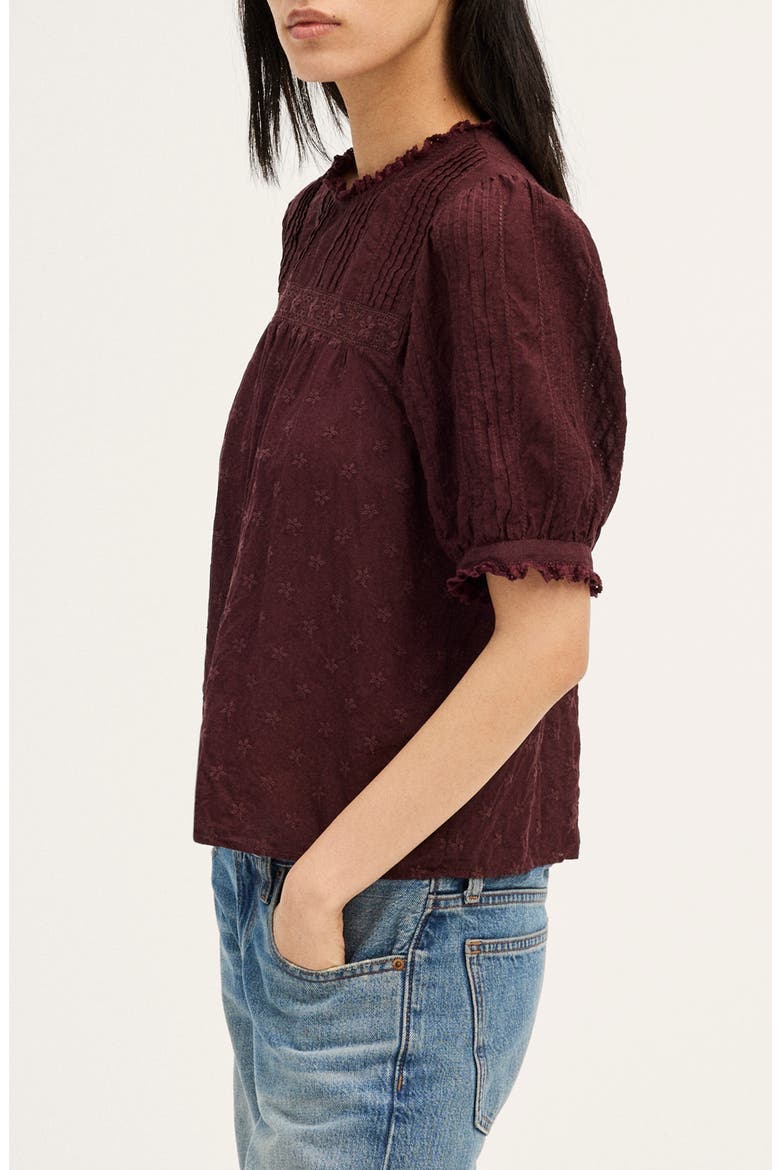 Embroidered Pintuck Crewneck Voile Top, Alternate, color, SMOKED CLARET