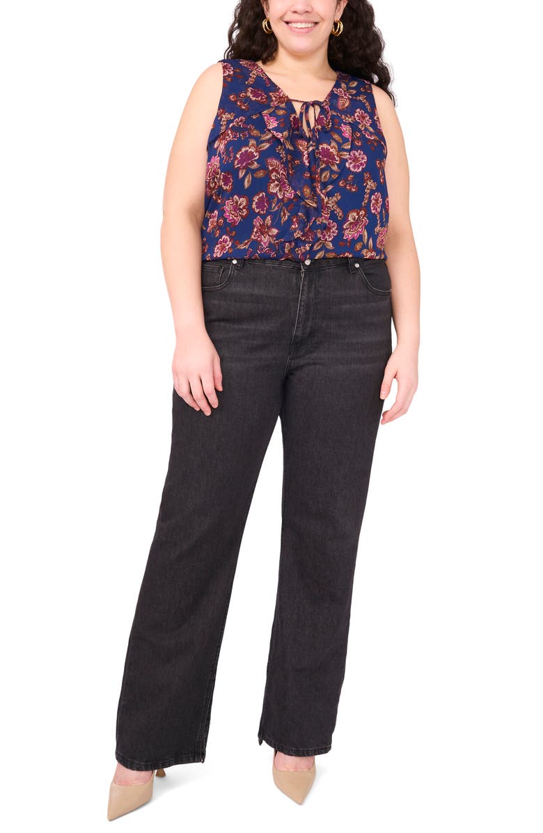 Vince Camuto Floral Ruffle Neck Sleeveless Top, Alternate, color, Deep Sky