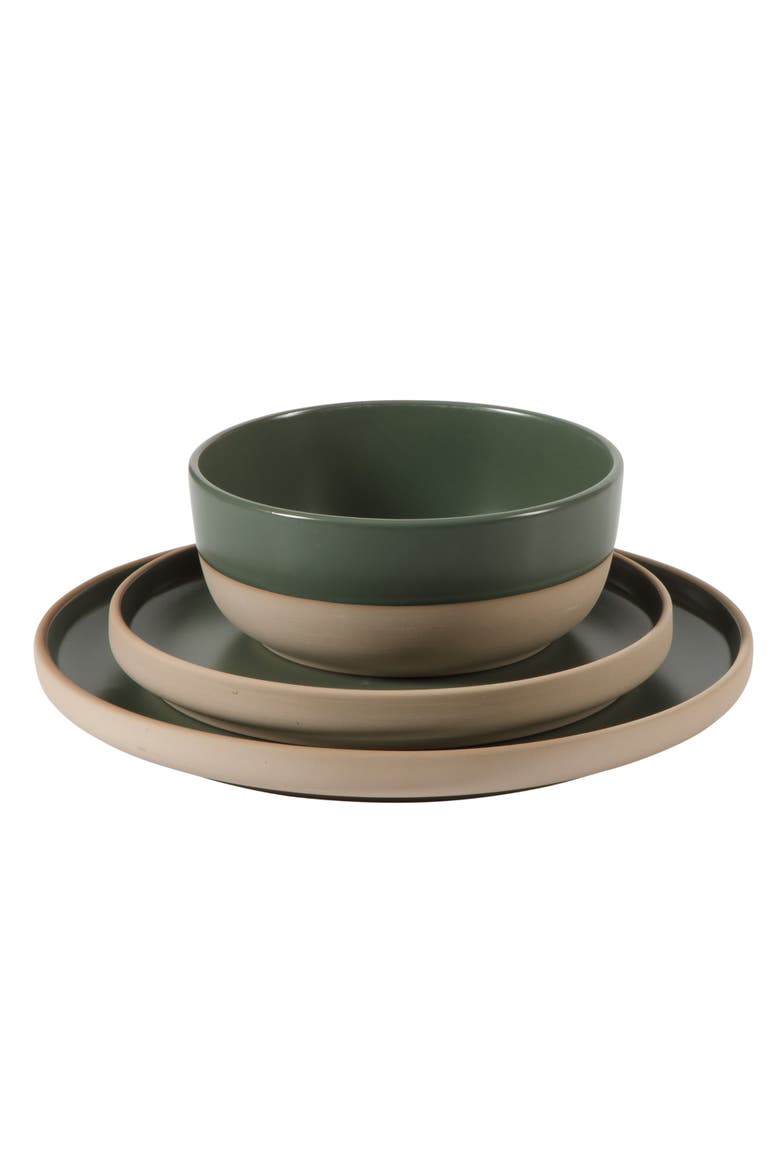Plates and Bowls Set 12 Piece Stoneware Dinnerware Set with Raw Bottom Finish for 4, Alternate, color, Green