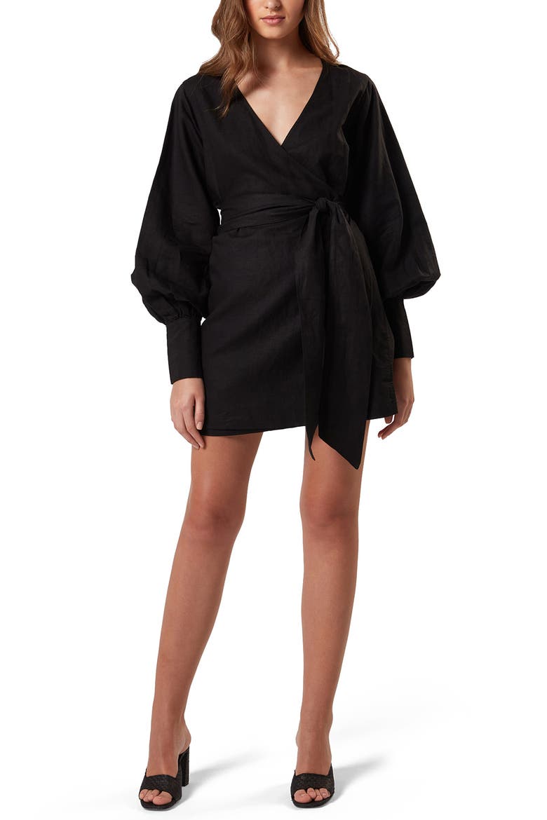 Bella Long Sleeve Wrap Minidress, Main, color, BLACK