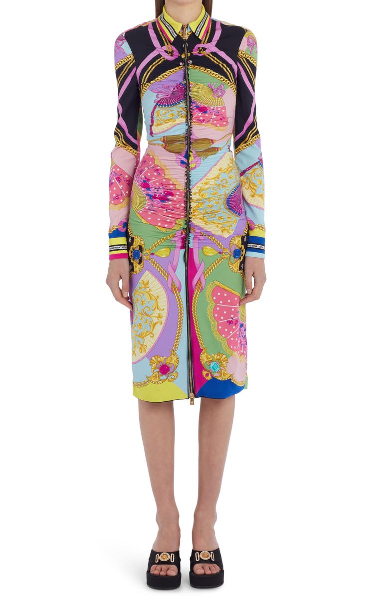 Versace Ventagli Fan Print Long Sleeve Stretch Silk Shirtdress, Main, color, 