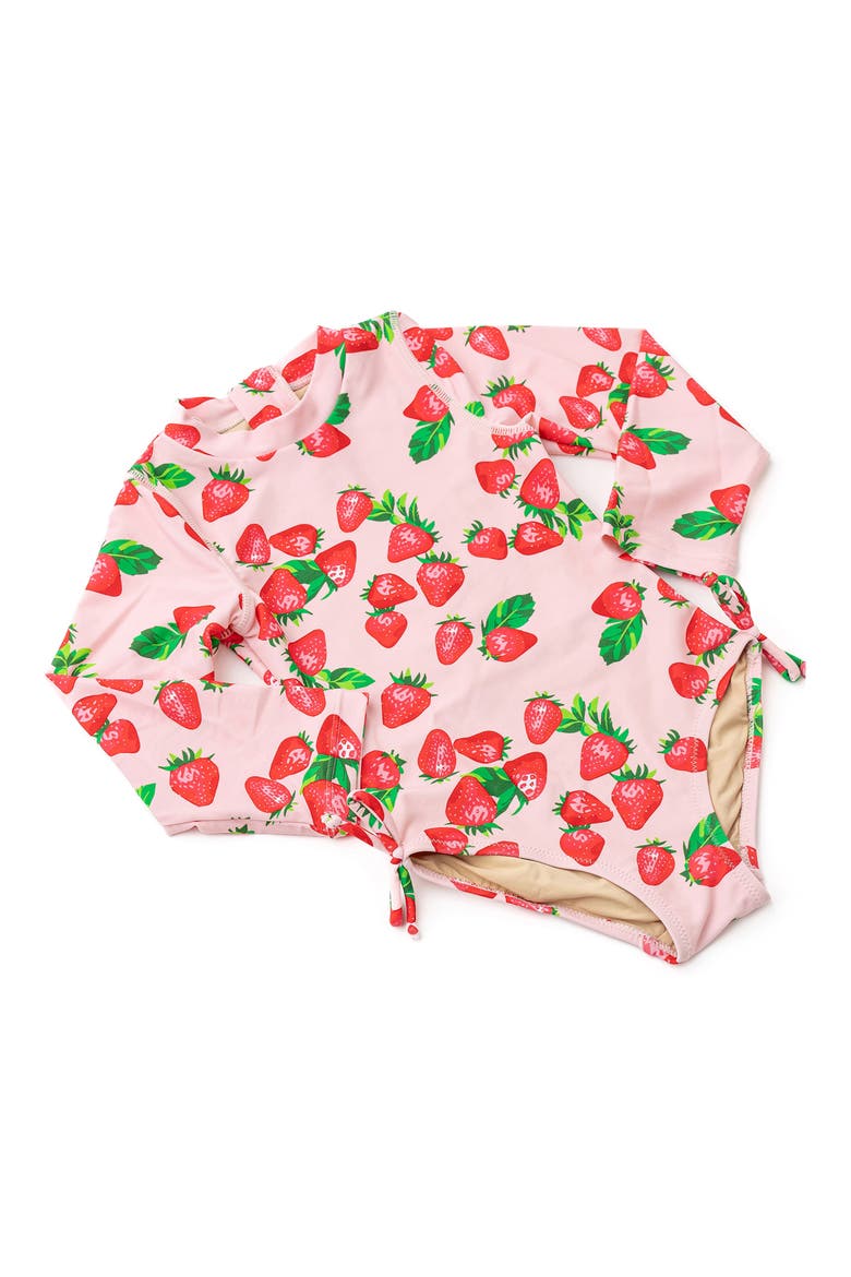 Kids' Strawberry Long Sleeve UPF 50+ One-Piece Rashguard Swimsuit, Alternate, color, PINK
