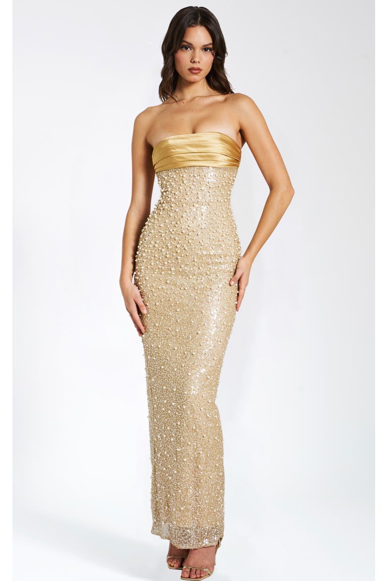 Lainey Pearl Beaded Satin Sequin Strapless Maxi Gown, Main, color, Gold