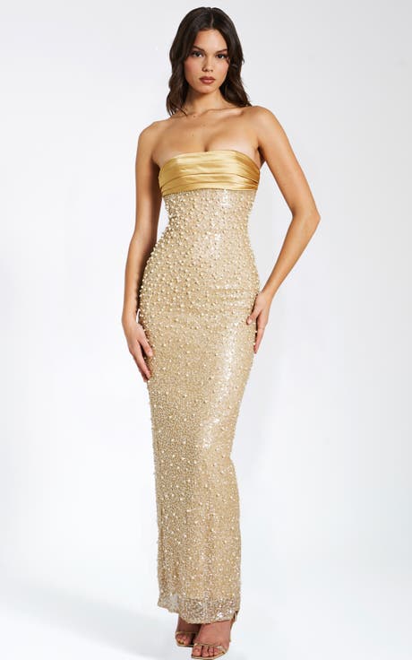 Lainey Pearl Beaded Satin Sequin Strapless Maxi Gown