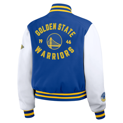WEAR BY ERIN ANDREWS WEAR BY ERIN ANDREWS ROYAL/WHITE GOLDEN STATE WARRIORS CROPPED VARSITY FULL-ZIP JACKET