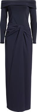 Lauren Ralph Lauren Off the Shoulder Long Sleeve Rib & Crepe Gown