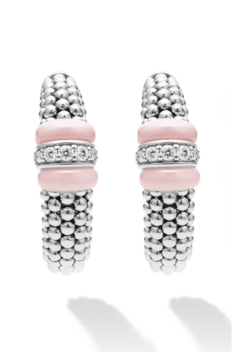 Pink Caviar Diamond Hoop Earrings, Alternate, color, SILVER