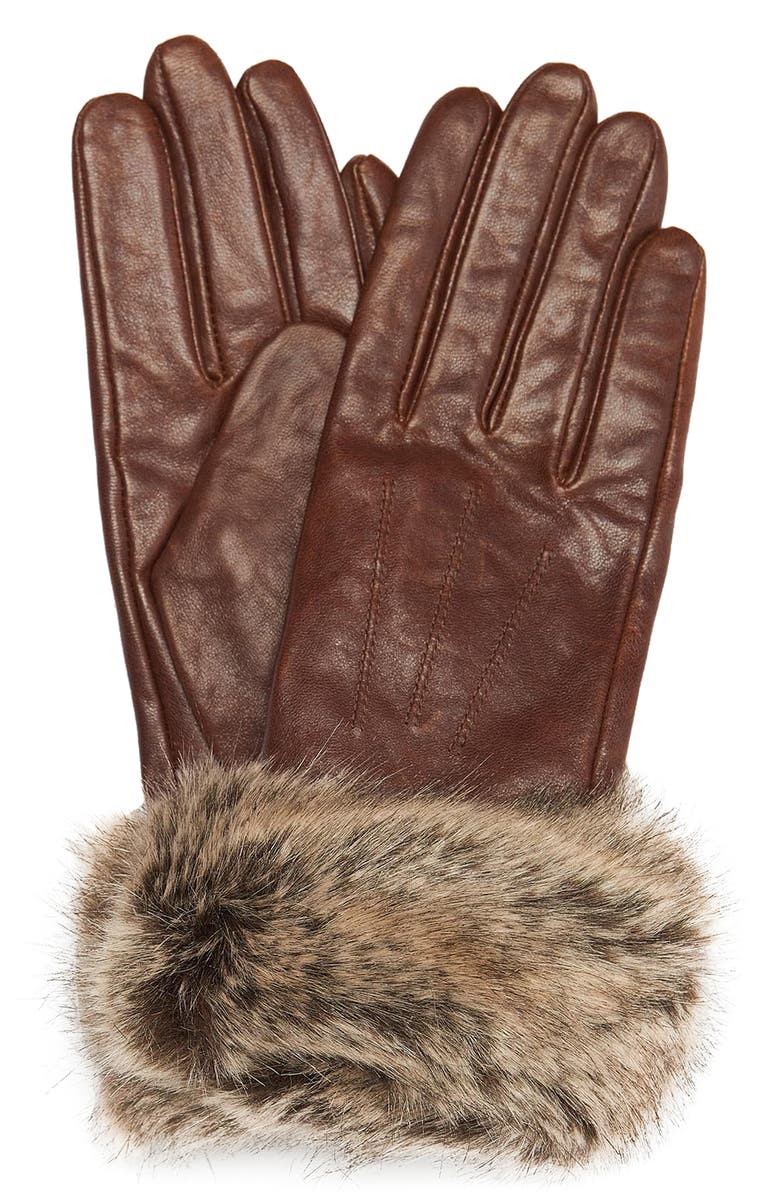 Barbour Faux Fur Trim Leather Gloves, Main, color, 