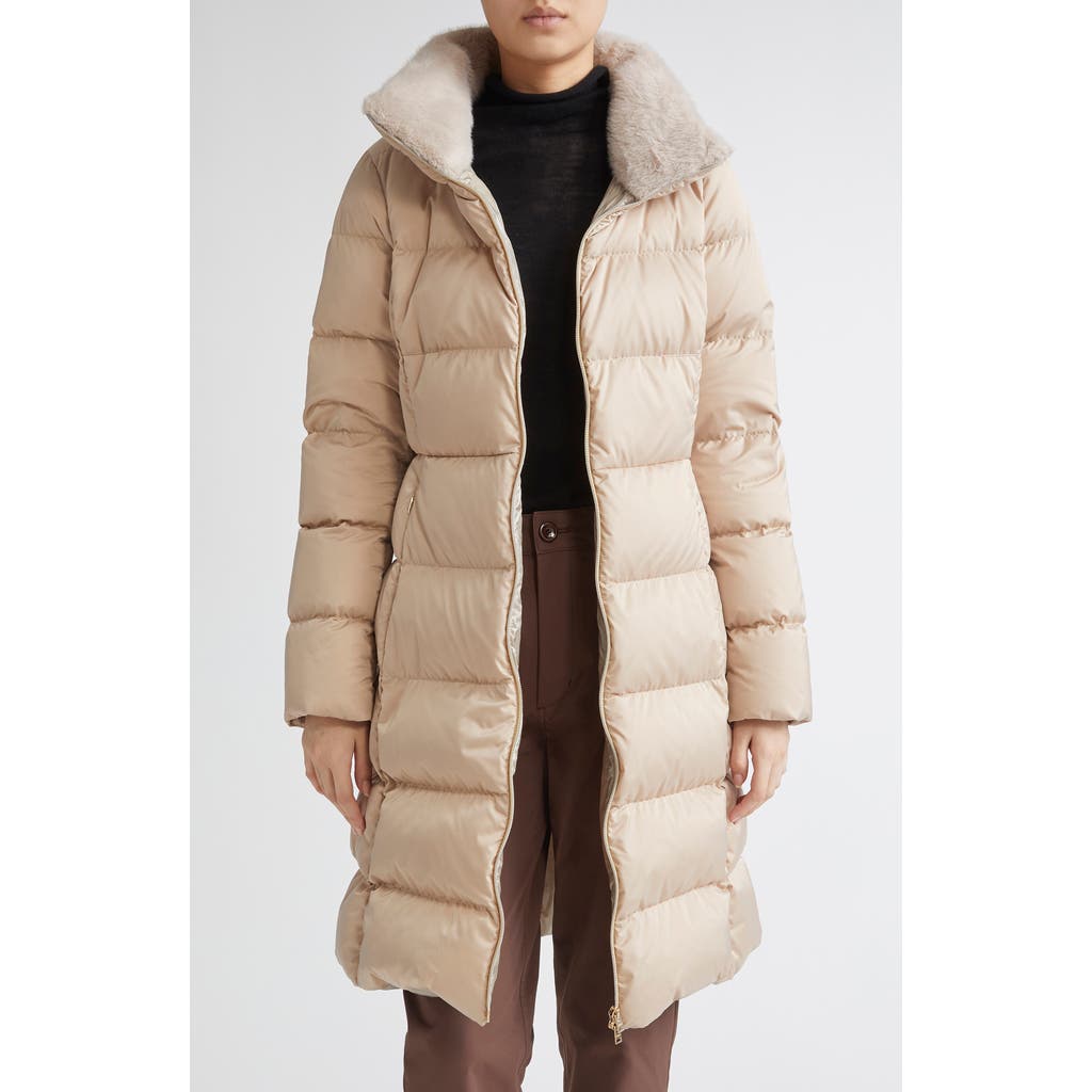 Herno Faux Fur Trim Satin Down Coat In Neutral