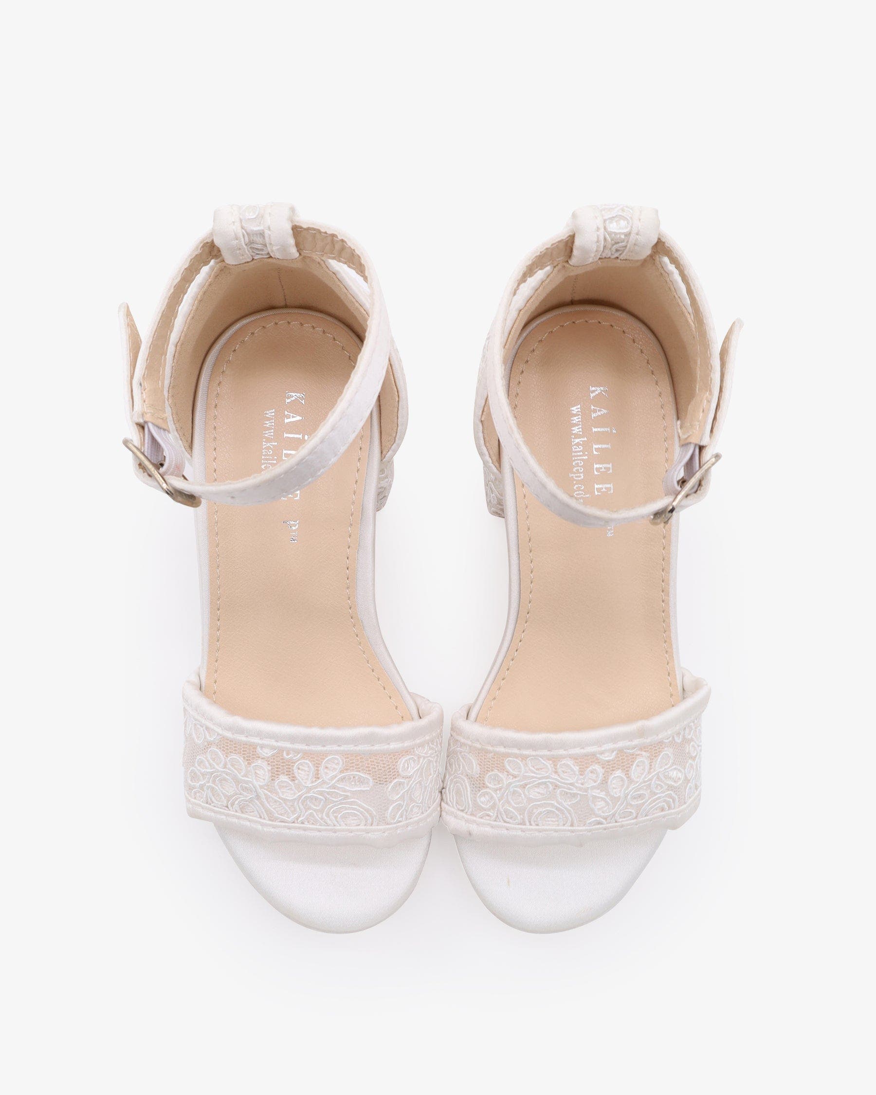 Kailee P Lily Crochet Lace Low Block Heel Girls Sandals, Alternate, color, White