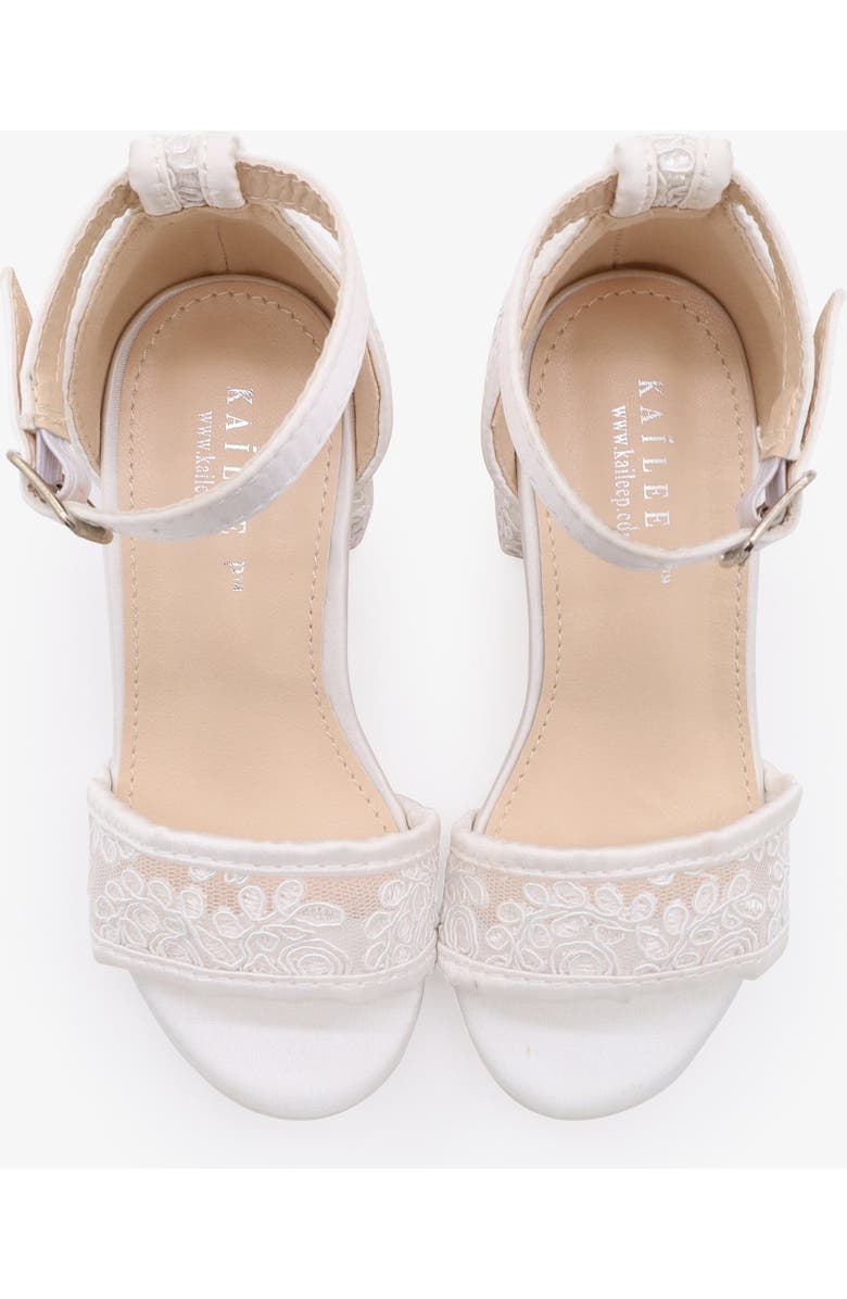 Kailee P Lily Crochet Lace Low Block Heel Girls Sandals, Alternate, color, White