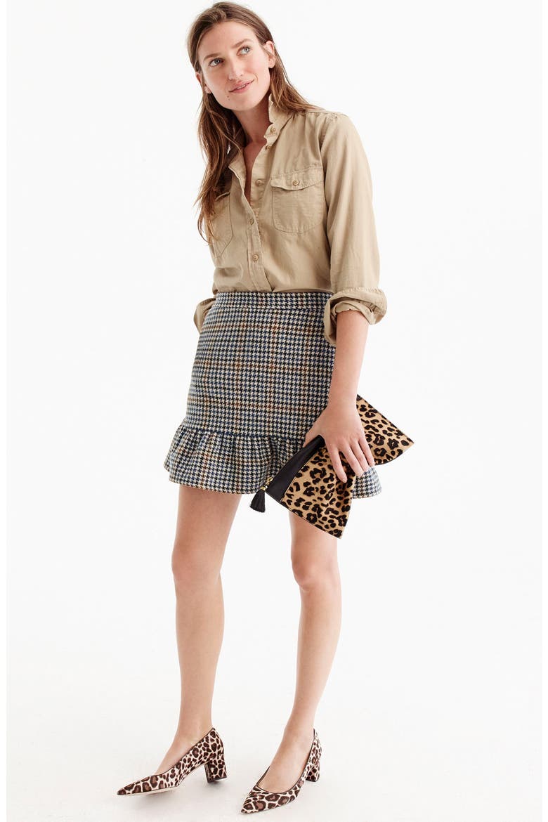 Ruffle Houndstooth Miniskirt, Alternate, color, NAVY/ BROWN/ CREAM