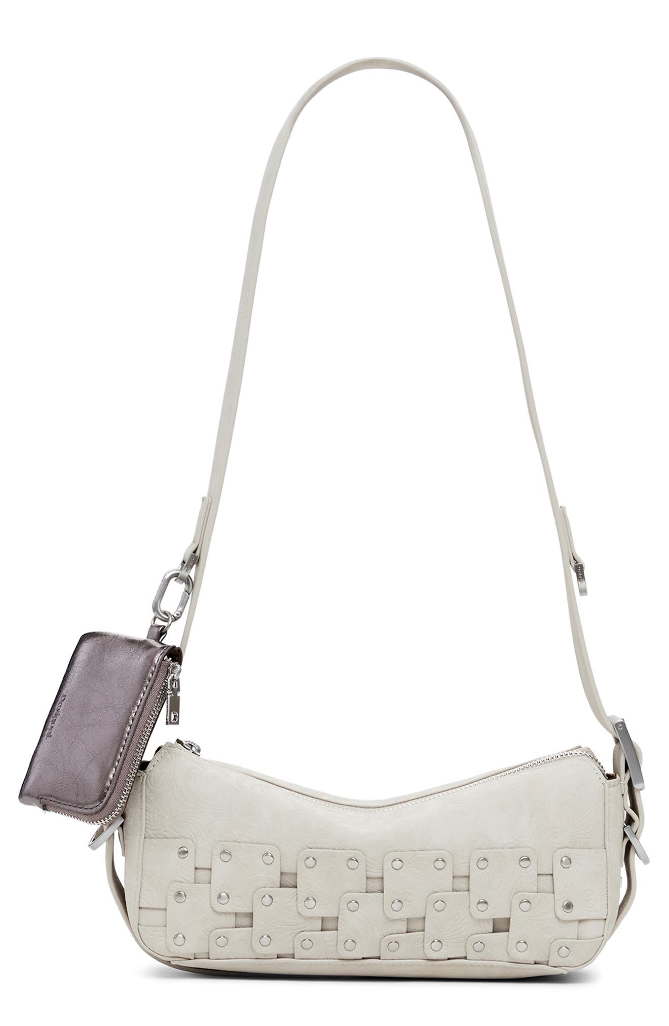 Desigual Studded Patchwork Faux Leather Crossbody Bag, Main, color, Light Gray