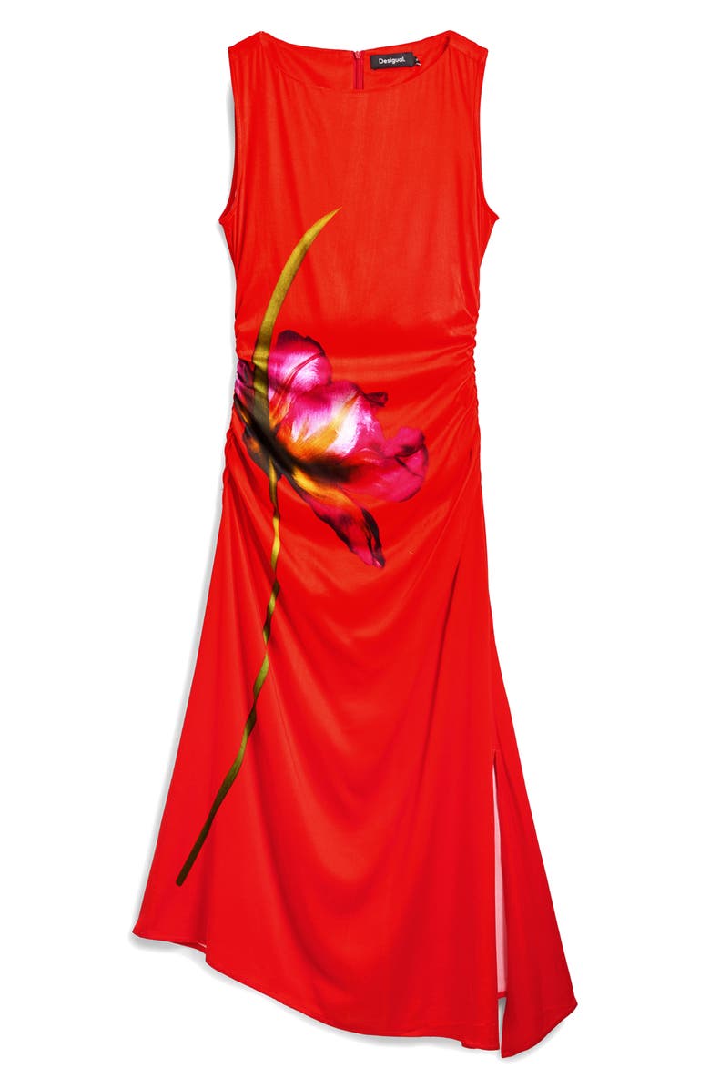 Desigual Placed Floral Sleeveless Asymmetric Midi Dress, Alternate, color, Orange Red