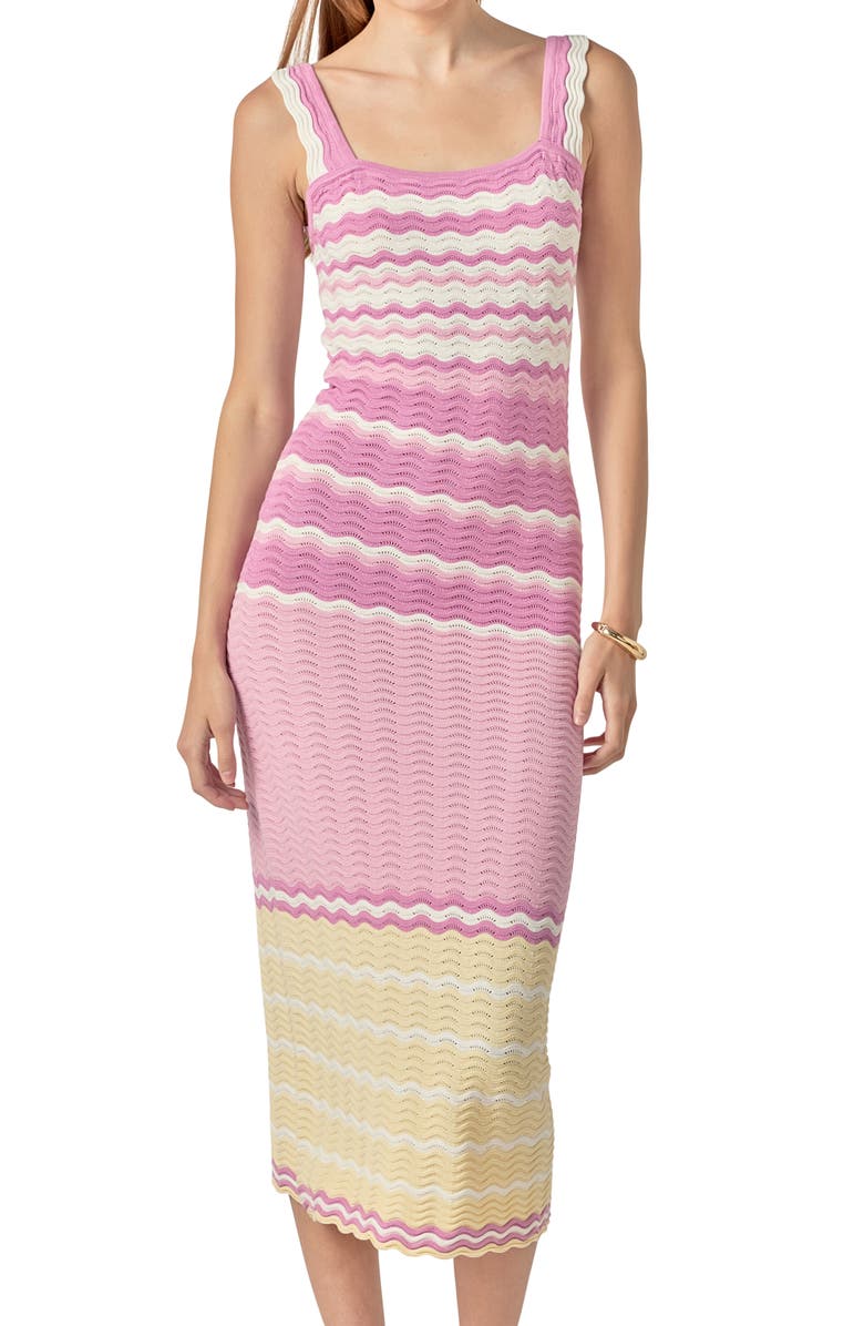 English Factory Stripe Pointelle Sweater Midi Dress, Alternate, color, Pink Multi Stripe