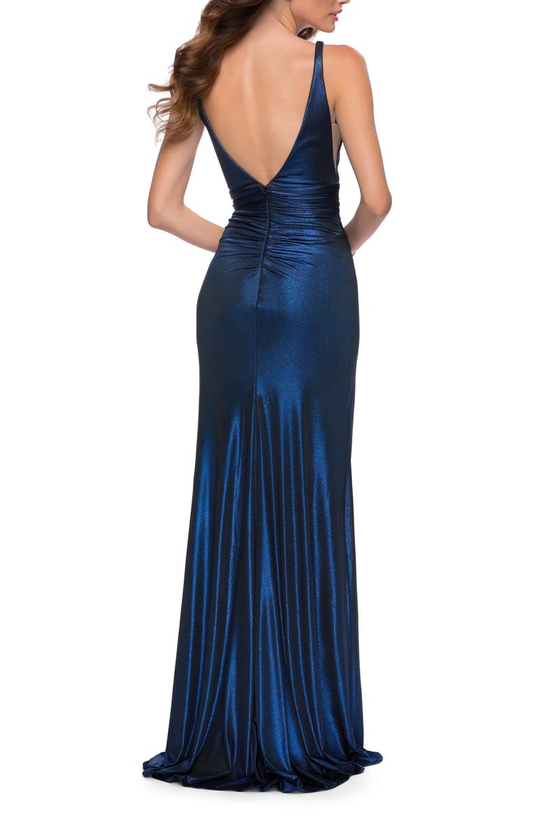 Gorgeous Metallic Jersey Gown with Ruffle Detail, Alternate, color, Navy