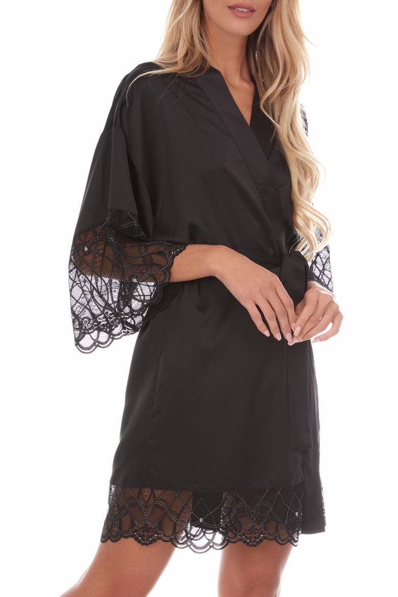 Gabby Lace Trim Satin Chermeuse Wrap, Alternate, color, BLACK