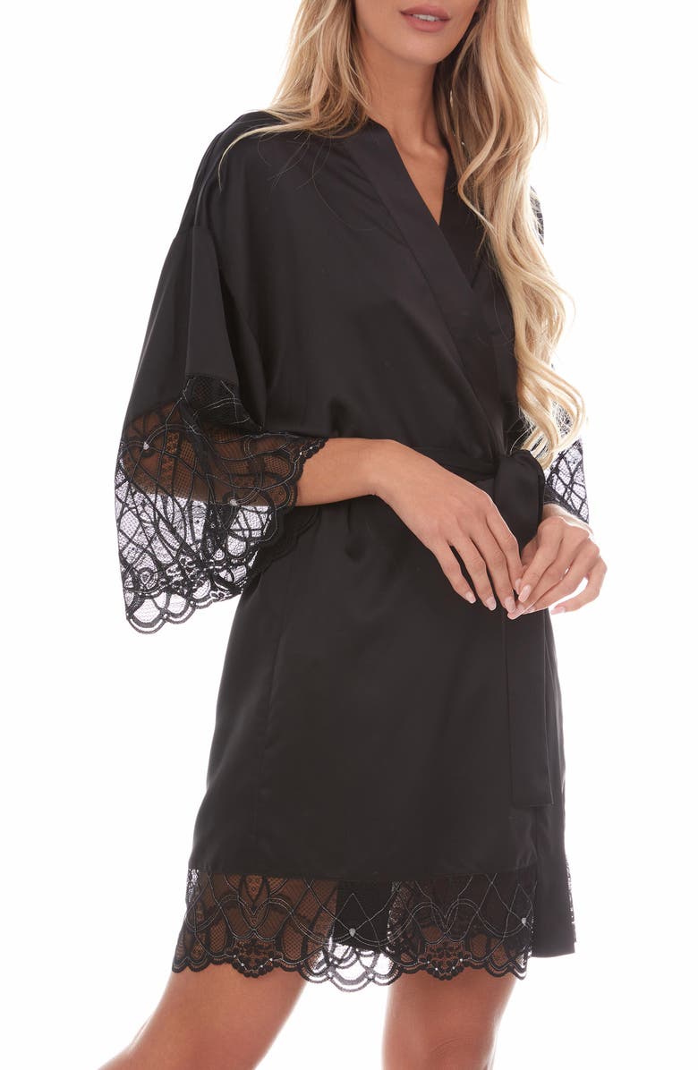 Flora Nikrooz Gabby Lace Trim Satin Chermeuse Wrap, Alternate, color, Black