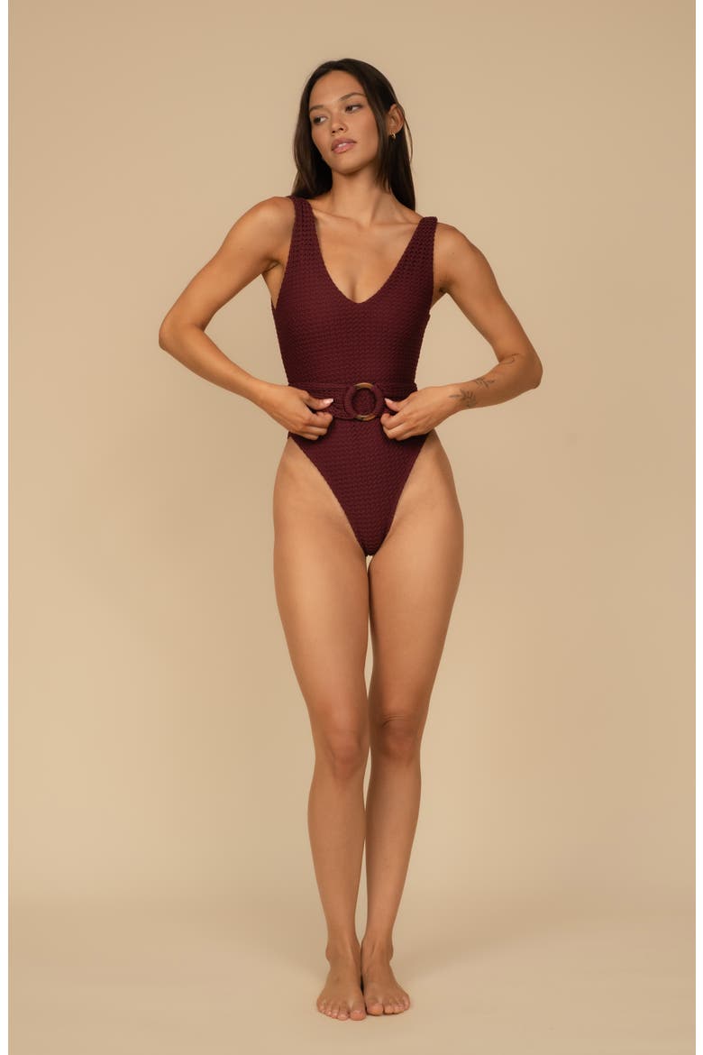 Kim Belted One-Piece Swimsuit, Alternate, color, MAROON CROCHET