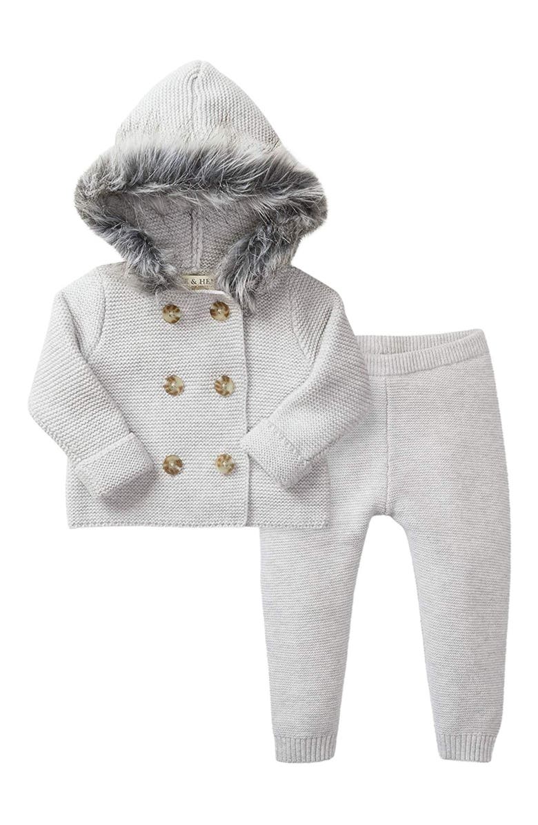 Hope & Henry Baby Faux Fur Hooded Sweater Set, Main, color, Gray With Gray Faux Fur