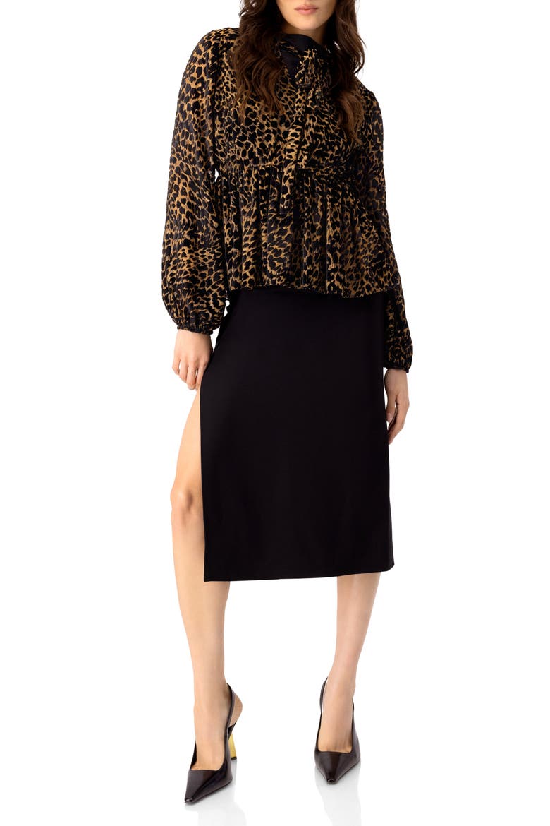 V-Neck Animal Print Blouse With Velvet Flock, Alternate, color, Black