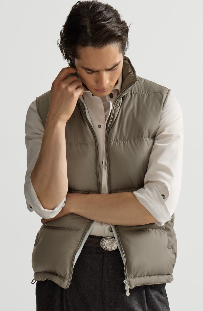 Brunello Cucinelli Lightweight techno fabric down vest with packable hood, Alternate, color, Military