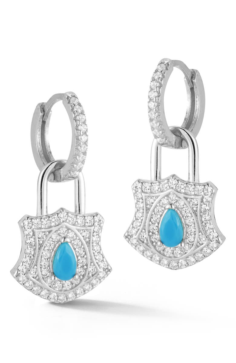SPHERA MILANO Cubic Zirconia & Synthetic Turquoise Padlock Drop Huggie Hoop Earrings, Main, color, Turquoise/ Silver