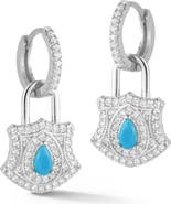 SPHERA MILANO Cubic Zirconia & Synthetic Turquoise Padlock Drop Huggie Hoop Earrings