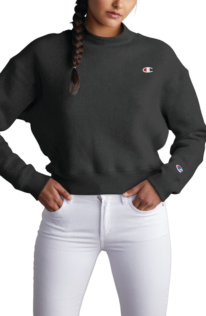Champion Mock Neck Reverse Panel Crop Sweatshirt, Main, color, Black