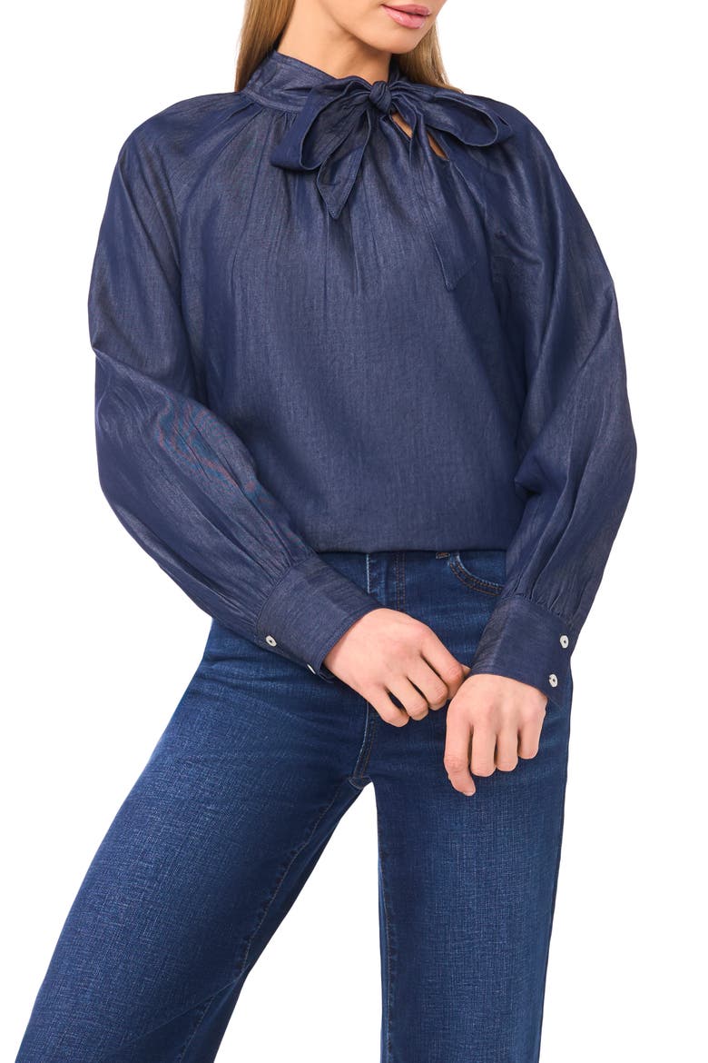 Denim Tie Neck Top, Main, color, CLASSIC NAVY
