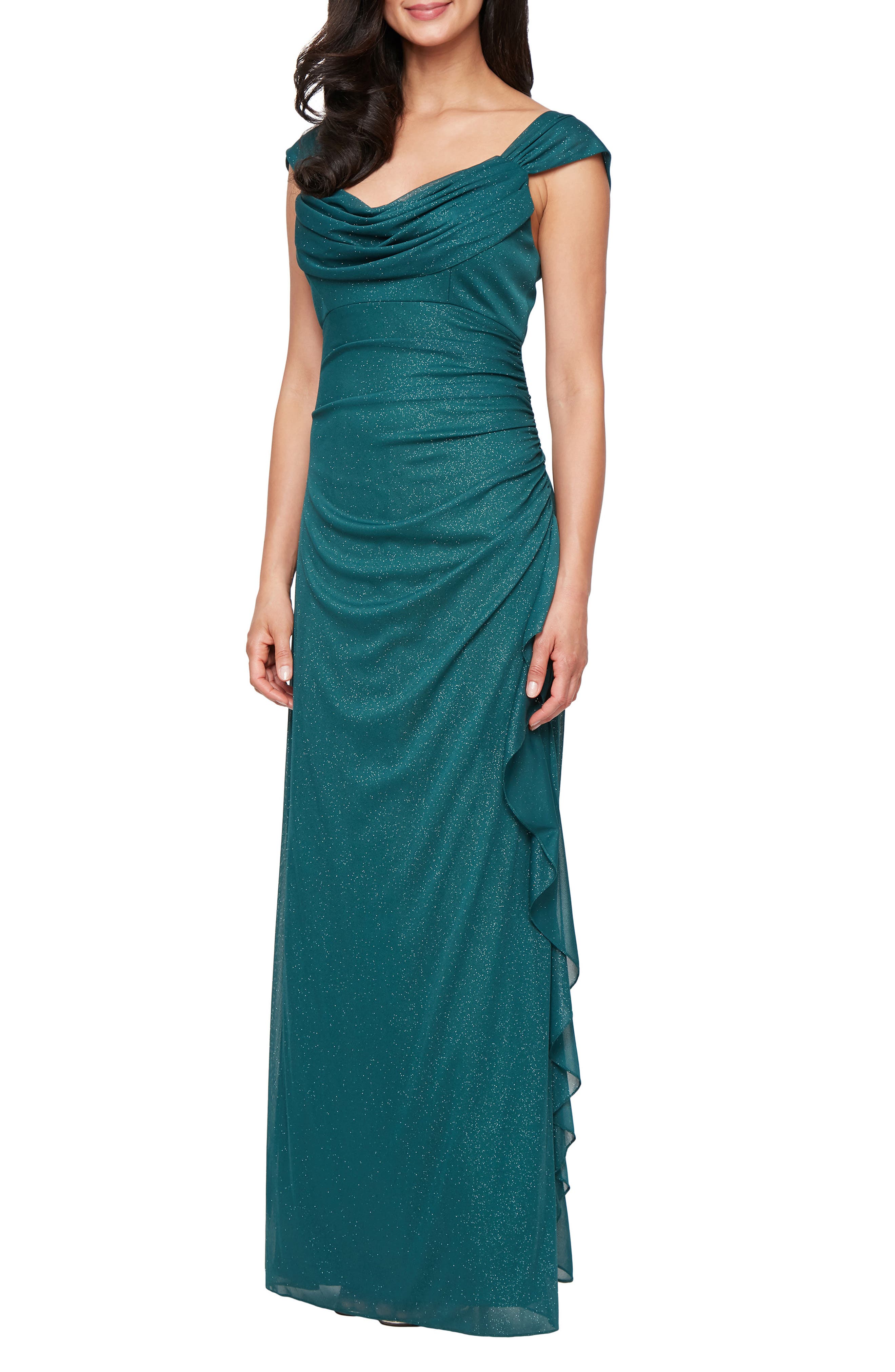 Ruched Ruffle Glitter Gown