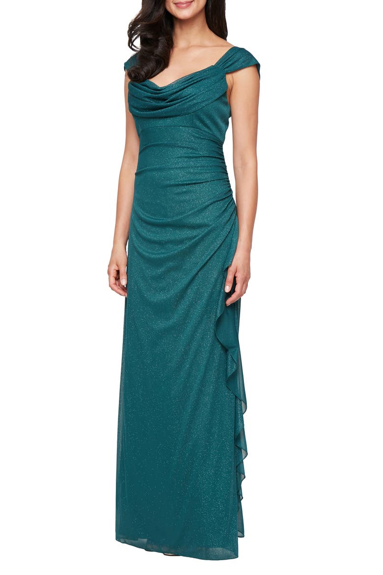 Ruched Ruffle Glitter Gown, Main, color, PINE