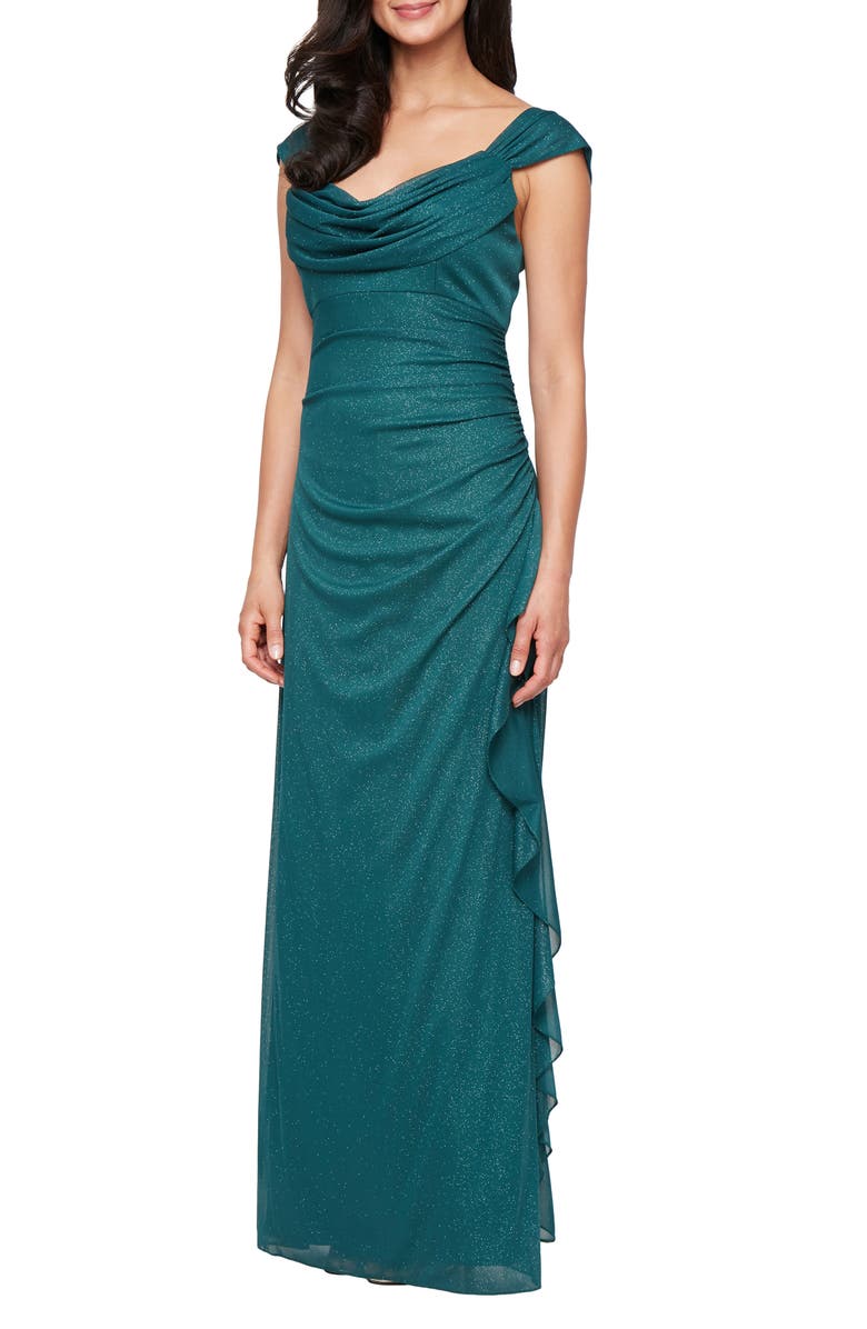 Alex Evenings Ruched Ruffle Glitter Gown, Main, color, Pine