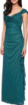 Alex Evenings Ruched Ruffle Glitter Gown