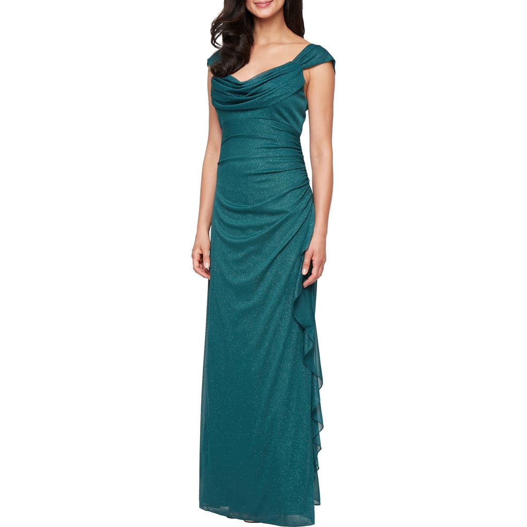 Alex Evenings Ruched Ruffle Glitter Gown In Blue
