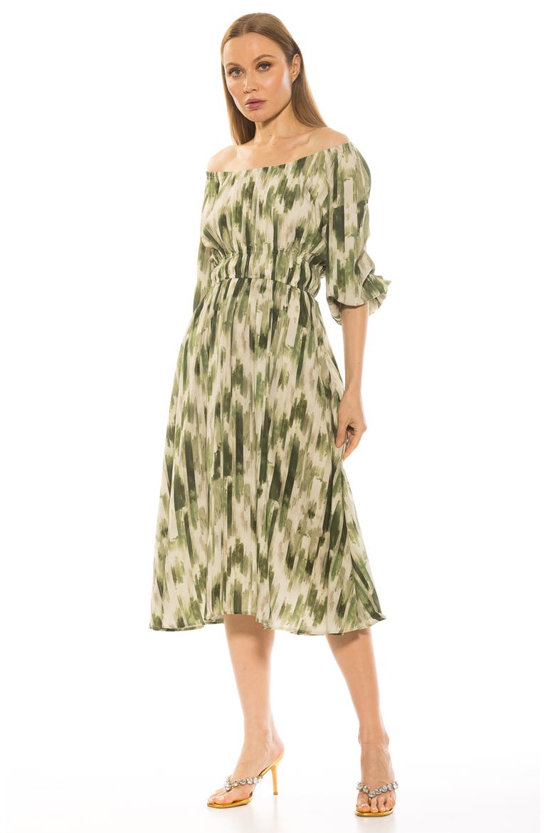 Emily Balloon Sleeve Fit & Flare Midi Dress, Alternate, color, GREEN ABSTRACT