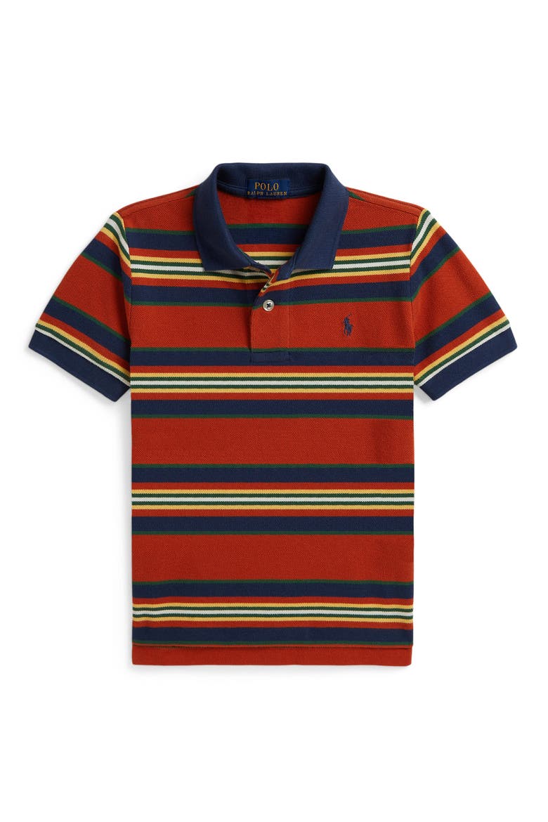 Kids' Stripe Cotton Mesh Polo, Main, color, VARSITY ORANGE MULTI