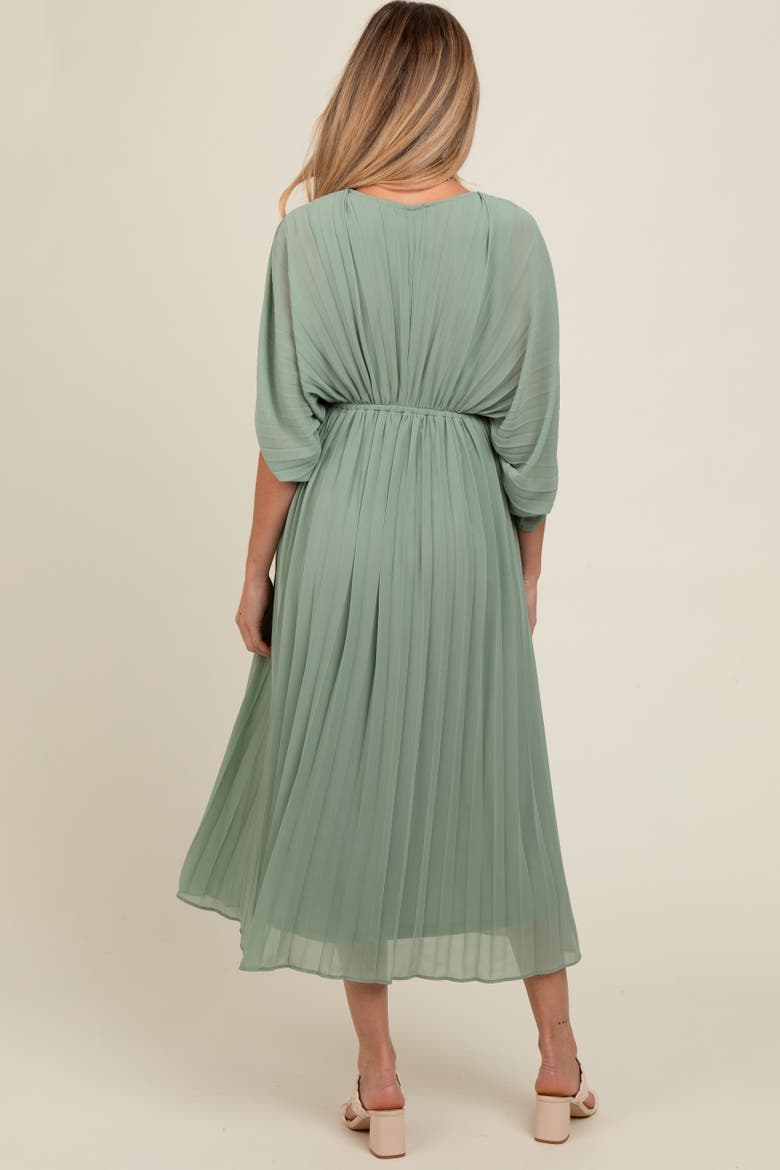 Pleated V Neck Maxi Dress, Alternate, color, Light Olive