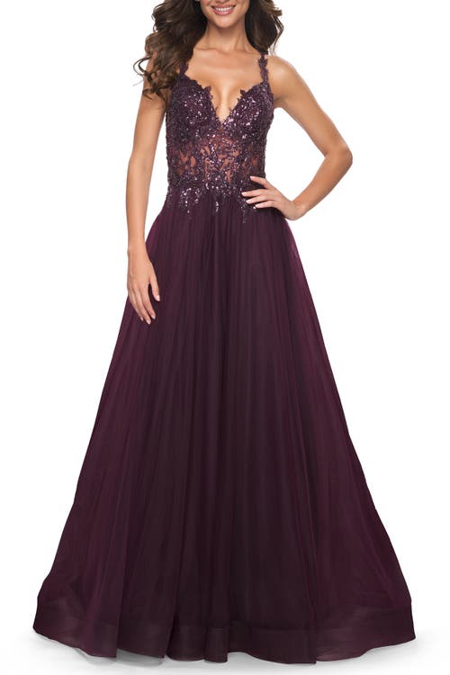 La Femme Tulle A-line Gown With Sheer And Beaded Lace Detail In Dark Berry