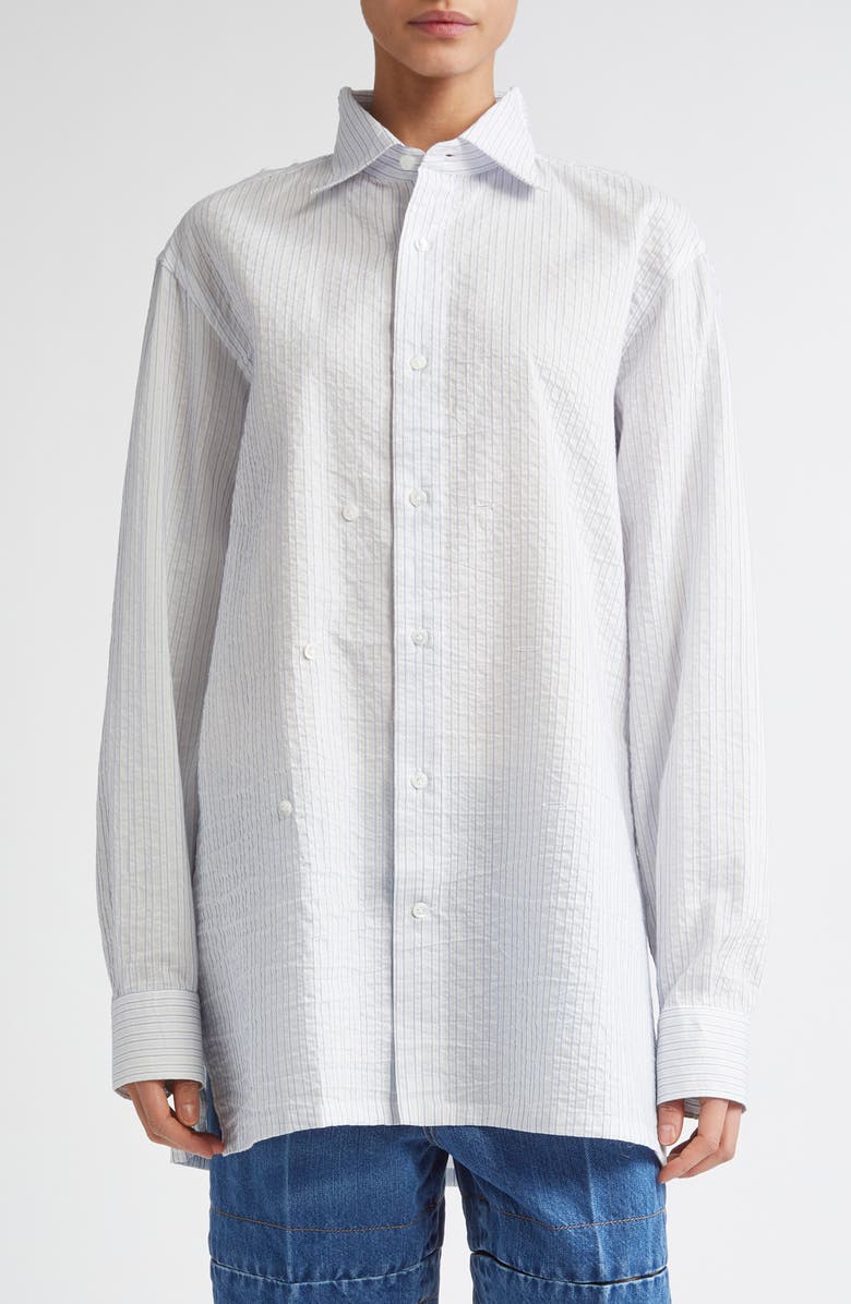 SETCHU Hook & Eye Stripe Cotton & Linen Button-Up Shirt, Main, color, Light Blue Skystripe