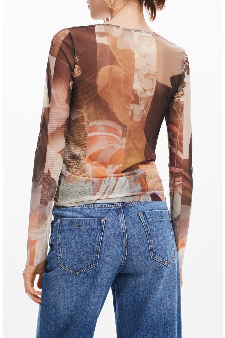 Carson Print Mesh Long Sleeve Top, Alternate, color, BROWN