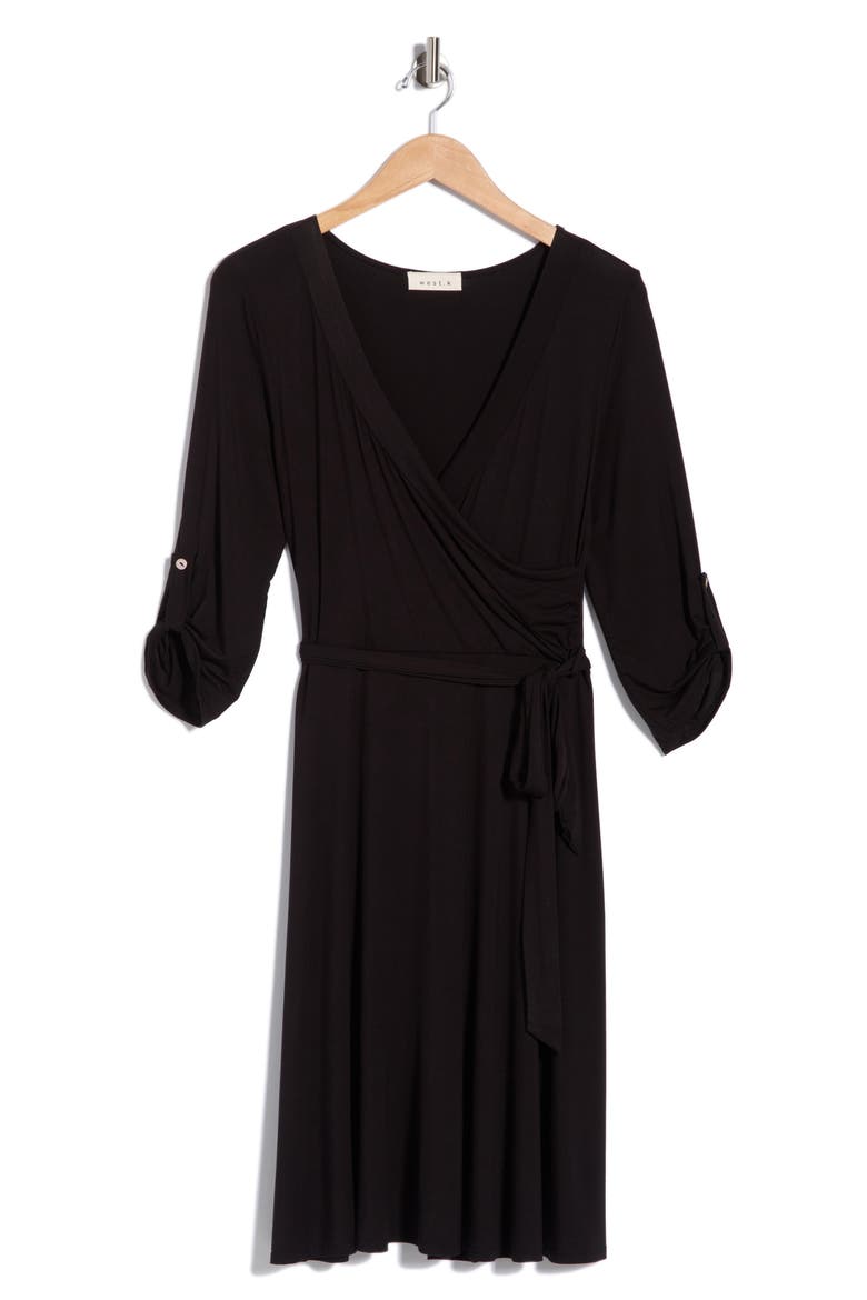 Faux Wrap Midi Dress, Alternate, color, BLACK